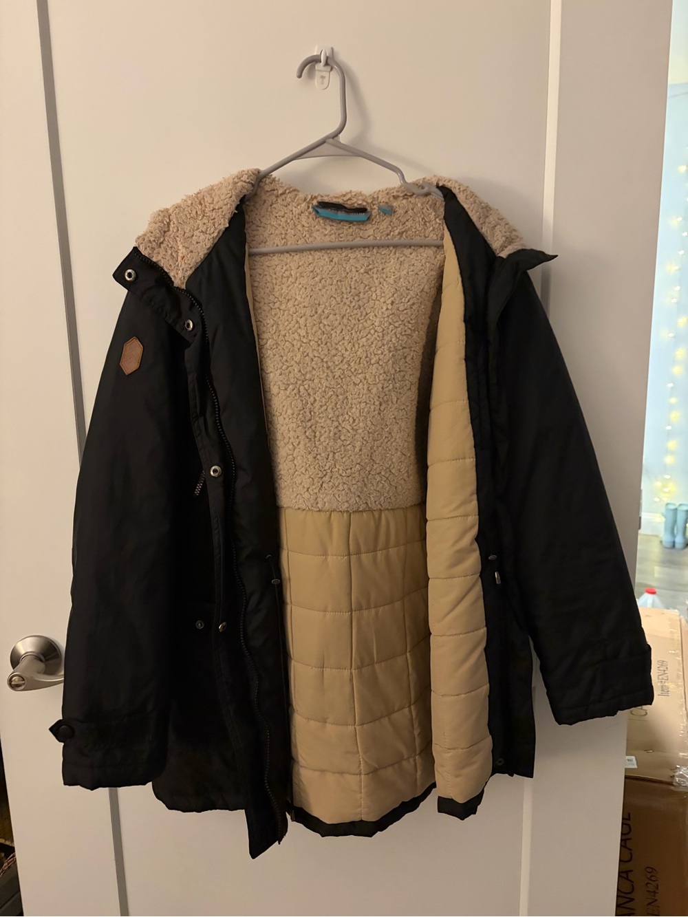 Free Country Black Puffer Coat with Beige Sherpa Lining